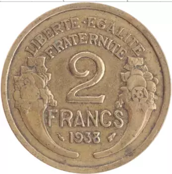 Монета 2 франка Франции 1938 года Бронза