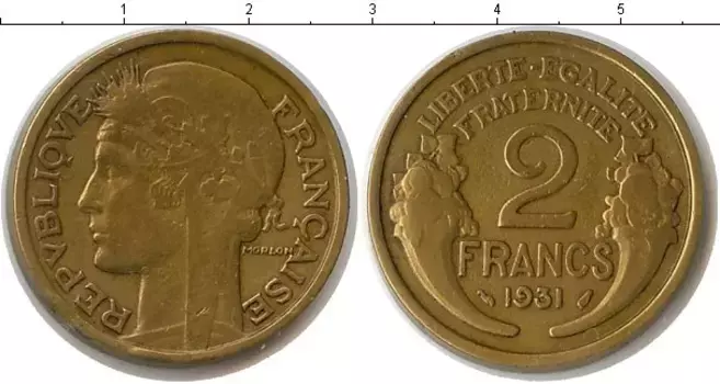 Монета 2 франка Франции 1938 года Латунь KM#886 Алюминий-Бронза