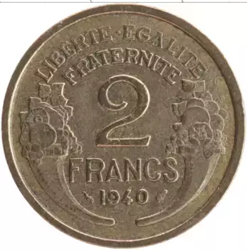 Монета 2 франка Франции 1940 года Бронза