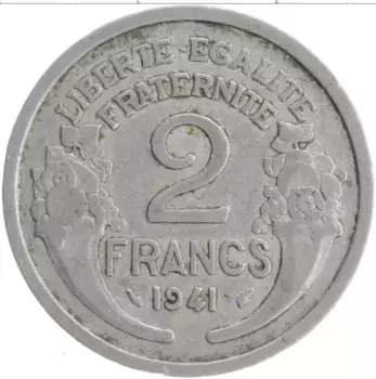 Монета 2 франка Франции 1941 года Алюминий