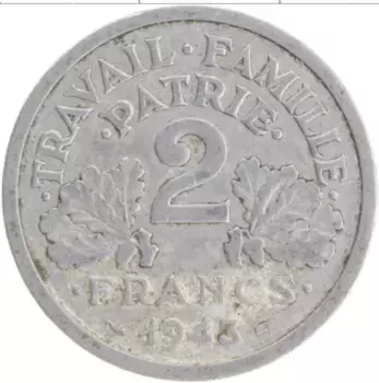 Монета 2 франка Франции 1943 года Алюминий