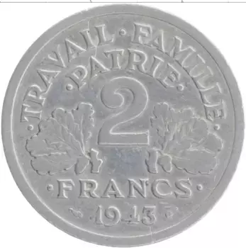 Монета 2 франка Франции 1943 года Алюминий