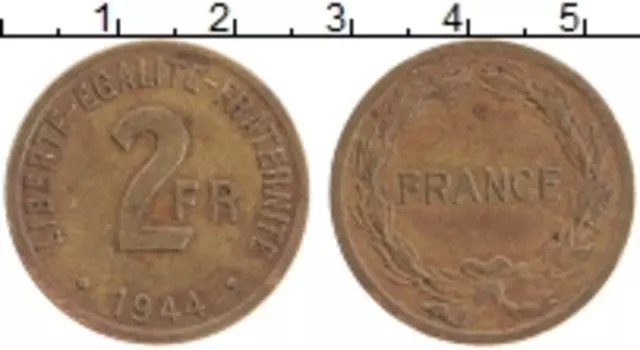 Монета 2 франка Франции 1944 года Латунь