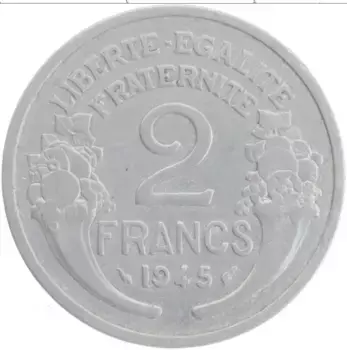Монета 2 франка Франции 1945 года Алюминий