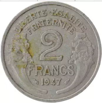 Монета 2 франка Франции 1947 года Алюминий
