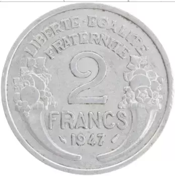 Монета 2 франка Франции 1947 года Алюминий