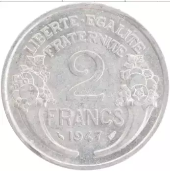 Монета 2 франка Франции 1947 года Алюминий