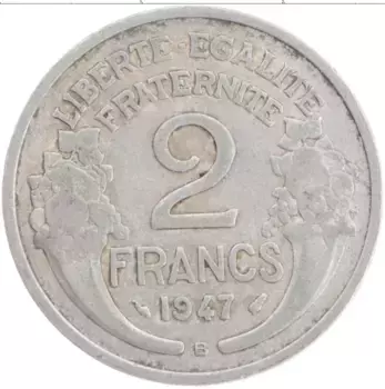 Монета 2 франка Франции 1947 года Алюминий