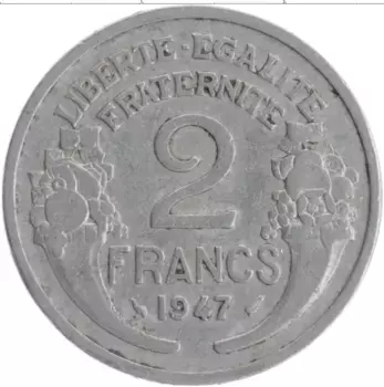 Монета 2 франка Франции 1947 года Алюминий
