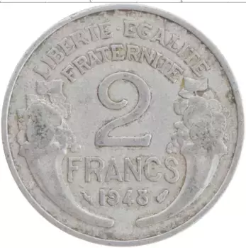 Монета 2 франка Франции 1948 года Алюминий