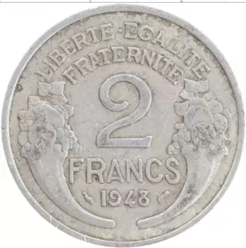 Монета 2 франка Франции 1948 года Алюминий Марианна