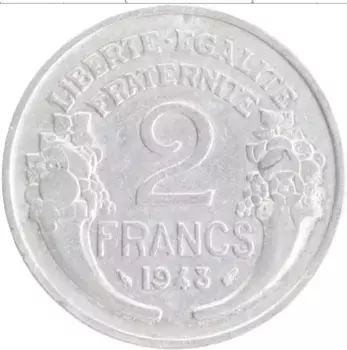 Монета 2 франка Франции 1948 года Алюминий