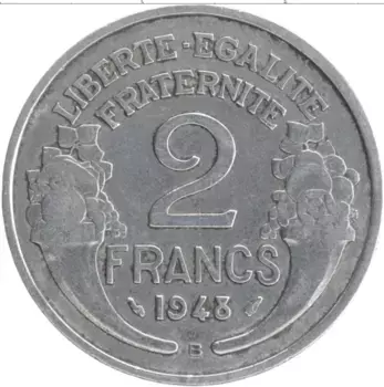 Монета 2 франка Франции 1948 года Алюминий
