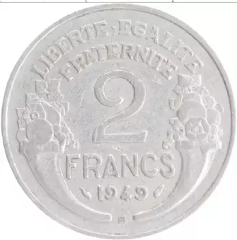 Монета 2 франка Франции 1949 года Алюминий