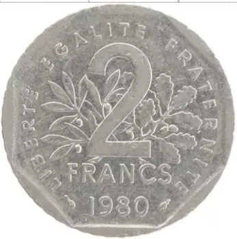 Монета 2 франка Франции 1980 года Медно-никель