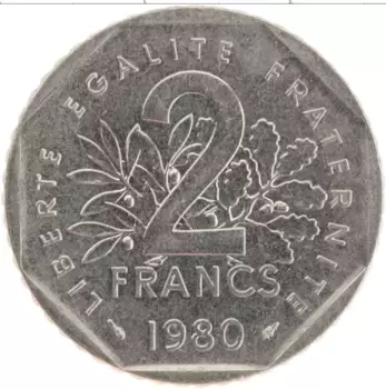 Монета 2 франка Франции 1980 года Медно-никель