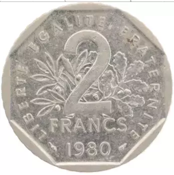 Монета 2 франка Франции 1980 года Медно-никель
