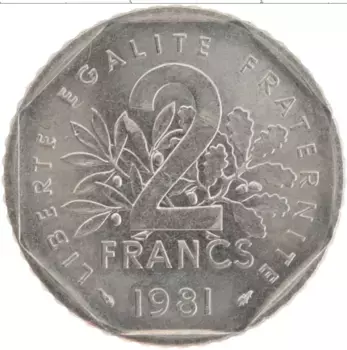 Монета 2 франка Франции 1981 года Медно-никель