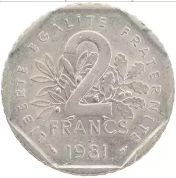 Монета 2 франка Франции 1981 года Медно-никель
