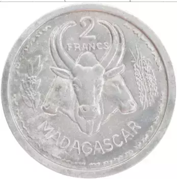 Монета 2 франка Мадагаскара 1948 года Алюминий Французский протекторат