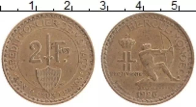 Монета 2 франка Монако 1926 года Латунь
