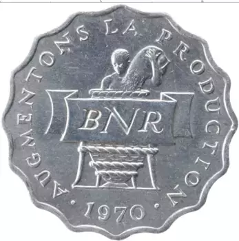 Монета 2 франка Руанды 1970 года Алюминий