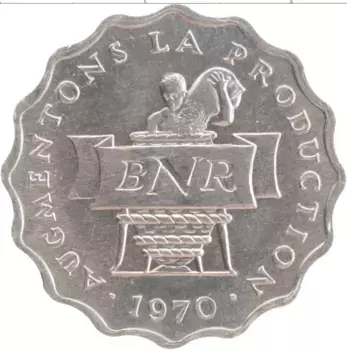 Монета 2 франка Руанды 1970 года Алюминий