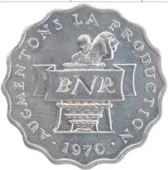 Монета 2 франка Руанды 1970 года Алюминий