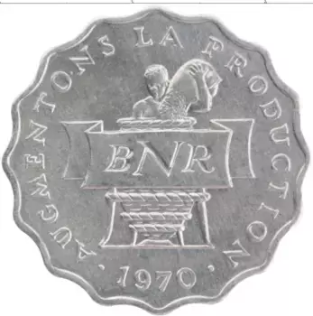 Монета 2 франка Руанды 1970 года Алюминий
