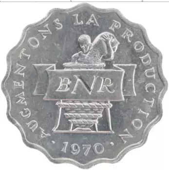 Монета 2 франка Руанды 1970 года Алюминий
