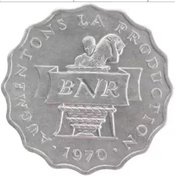 Монета 2 франка Руанды 1970 года Алюминий