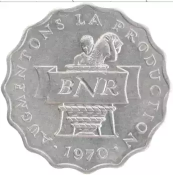 Монета 2 франка Руанды 1970 года Алюминий
