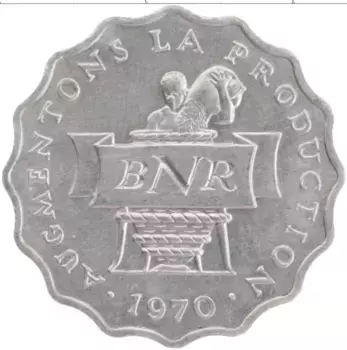 Монета 2 франка Руанды 1970 года Алюминий