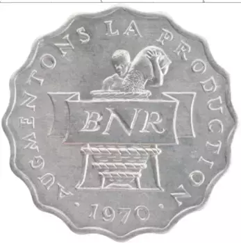 Монета 2 франка Руанды 1970 года Алюминий