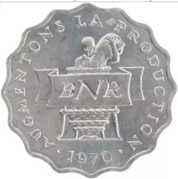 Монета 2 франка Руанды 1970 года Алюминий