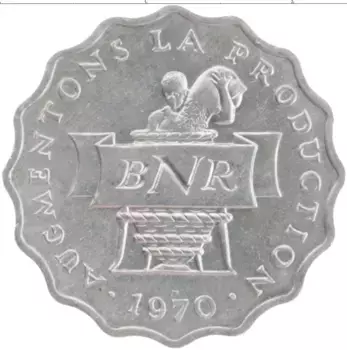 Монета 2 франка Руанды 1970 года Алюминий