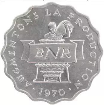 Монета 2 франка Руанды 1970 года Алюминий