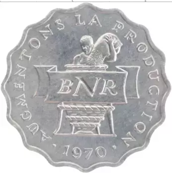 Монета 2 франка Руанды 1970 года Алюминий