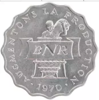 Монета 2 франка Руанды 1970 года Алюминий
