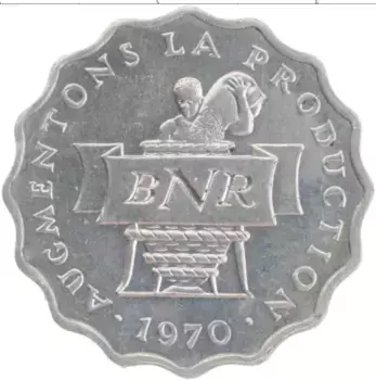 Монета 2 франка Руанды 1970 года Алюминий