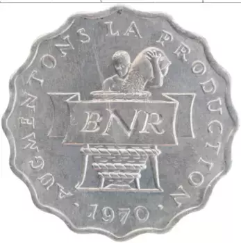 Монета 2 франка Руанды 1970 года Алюминий