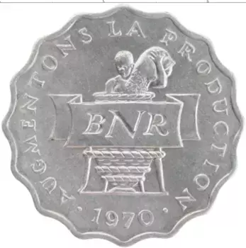 Монета 2 франка Руанды 1970 года Алюминий