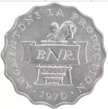 Монета 2 франка Руанды 1970 года Алюминий