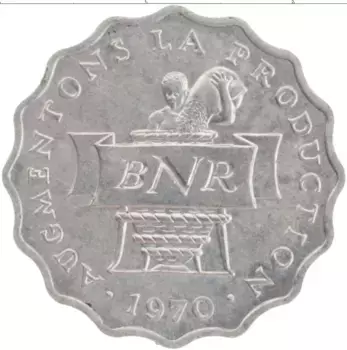 Монета 2 франка Руанды 1970 года Алюминий