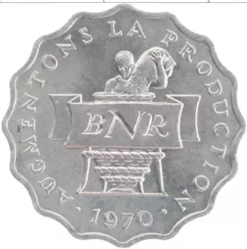Монета 2 франка Руанды 1970 года Алюминий