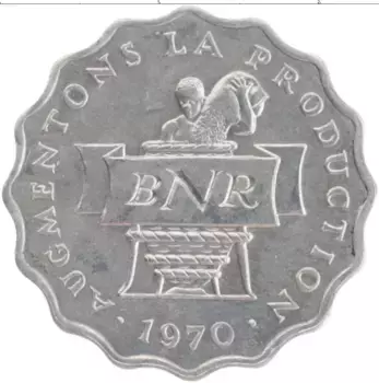 Монета 2 франка Руанды 1970 года Алюминий