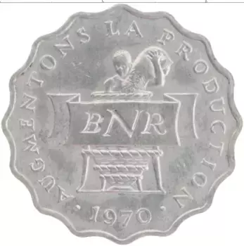 Монета 2 франка Руанды 1970 года Алюминий