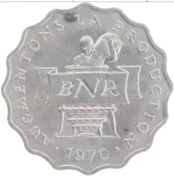 Монета 2 франка Руанды 1970 года Алюминий