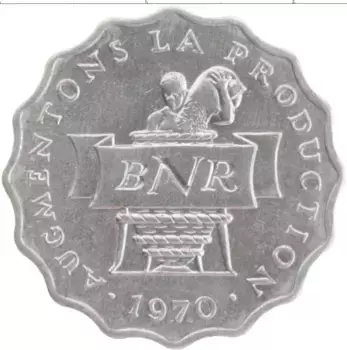 Монета 2 франка Руанды 1970 года Алюминий