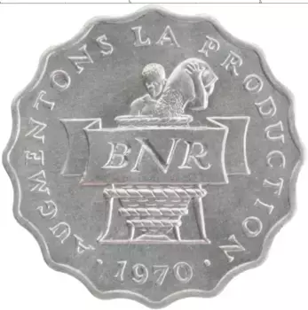Монета 2 франка Руанды 1970 года Алюминий